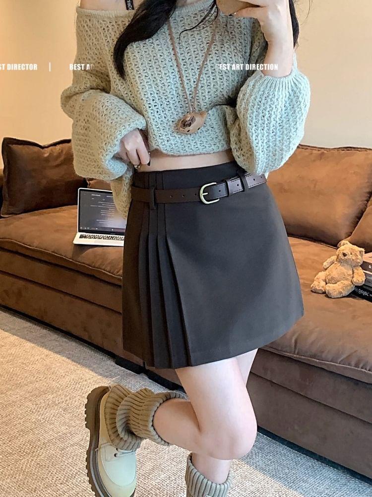Set: High Waist Plain Pleated Mini A-Line Skirt + Belt Product Image