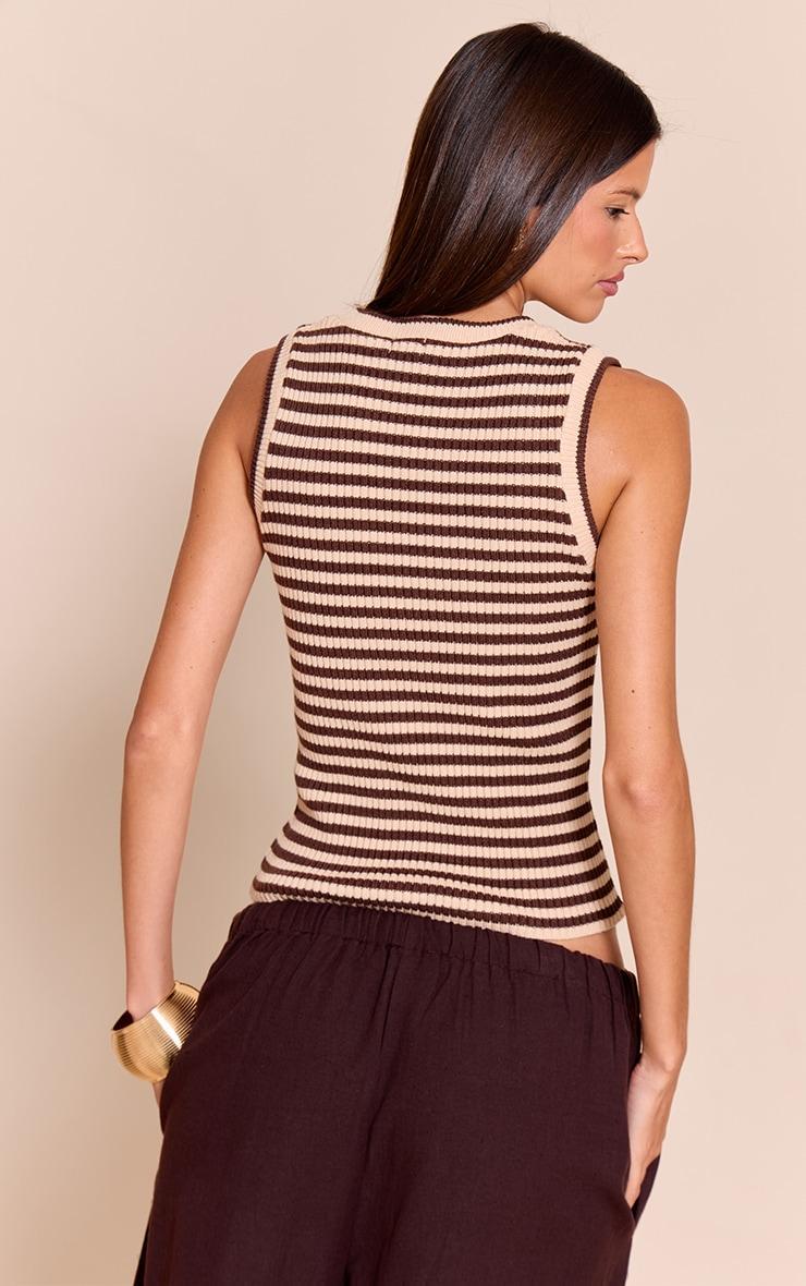 Brown Scooped Neck Striped Rib Knit Vest Product Image