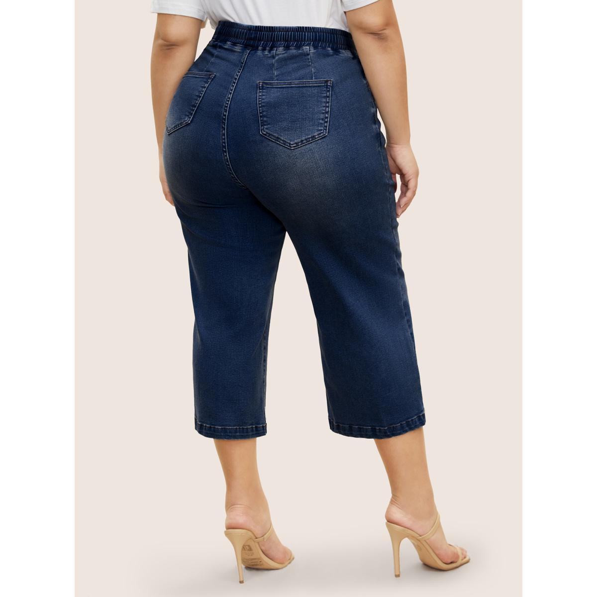 Plus Size Light Wash Drawstring Cropped Wide Leg Jeans Women Denimindigo Casual Drawstring High stretch Slanted pocket Jeans BloomChic 12/L Product Image