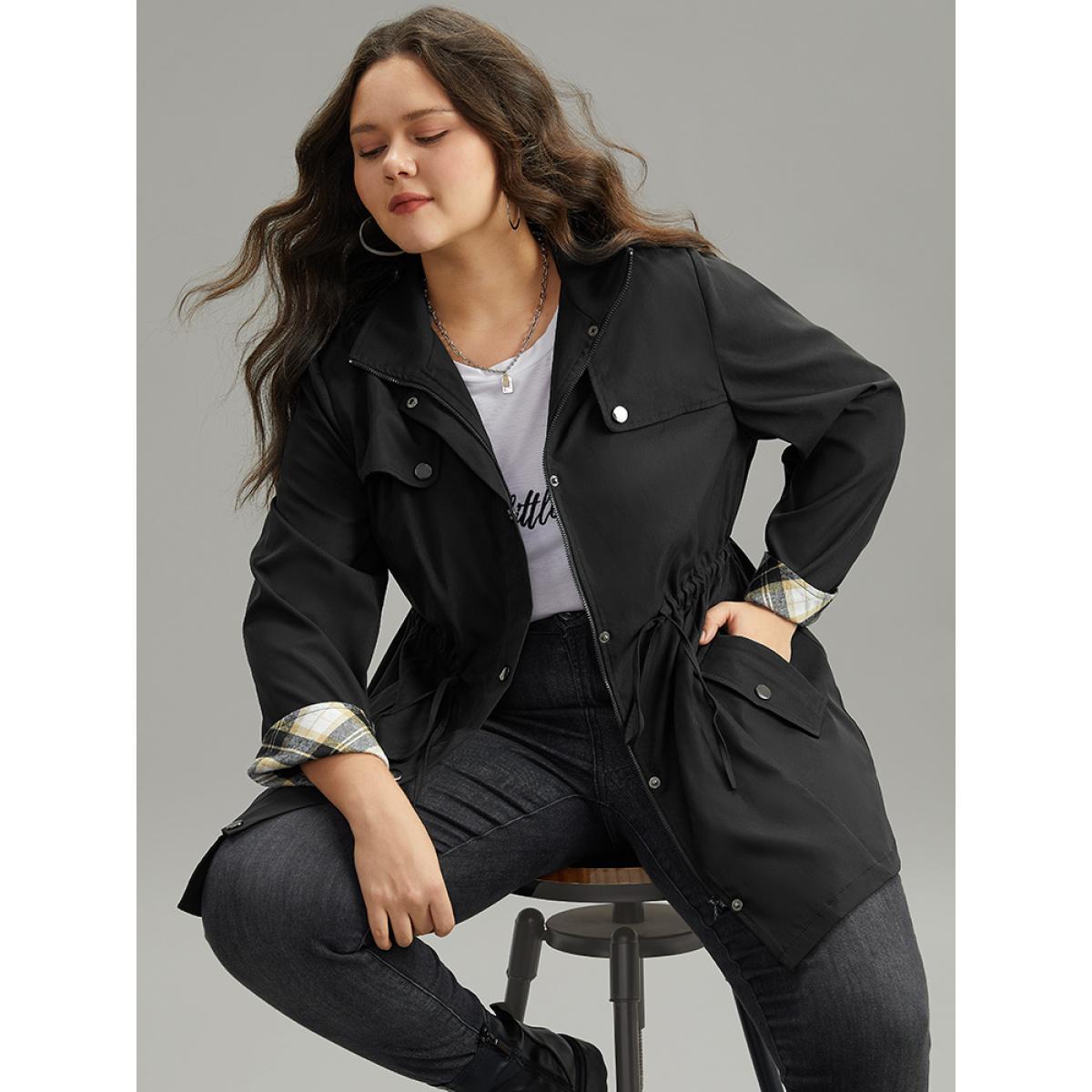 Plus Size Wind-Resistant Plaid Patchwork Drawstring Zipper Coat Women Black Contrast Pocket Dailywear Jackets BloomChic 18-20/2X Product Image