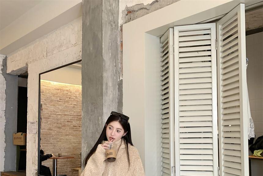 Hooded Plain Fleece Zip Up Jacket / Mid Waist Plaid Wide Leg Pants Product Image