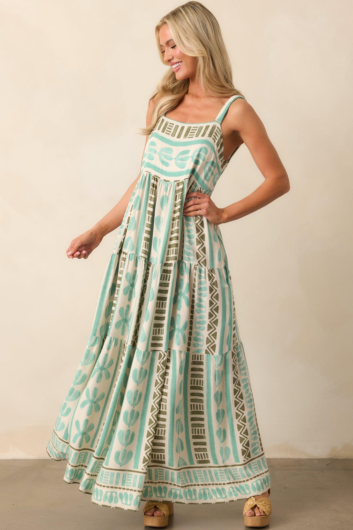 Just The Beginning Seafoam Green Tropical Print Maxi Dress Product Image