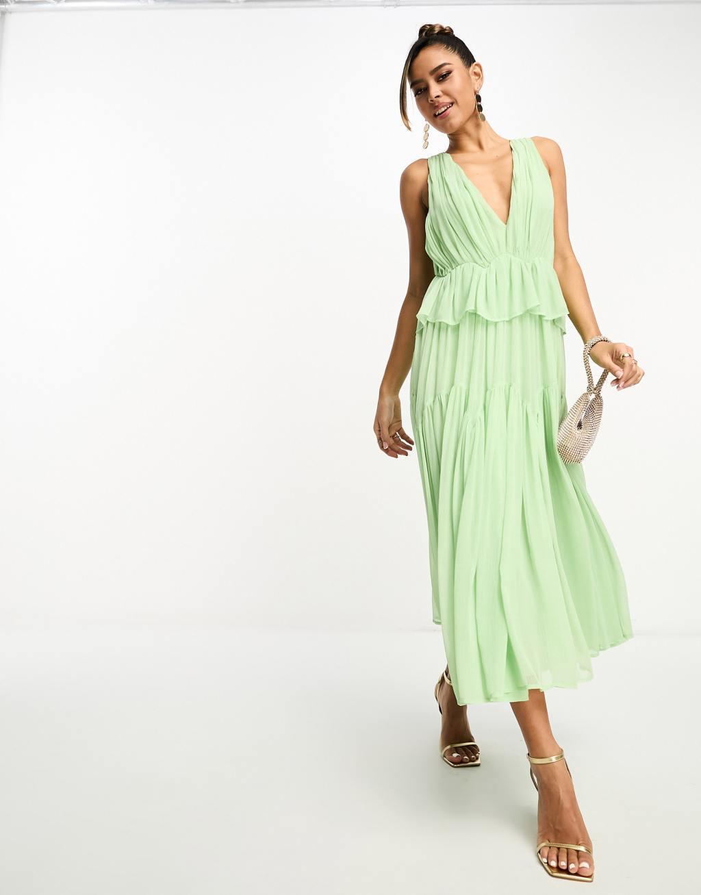 ASOS DESIGN plunge pleated tiered midi dress Product Image