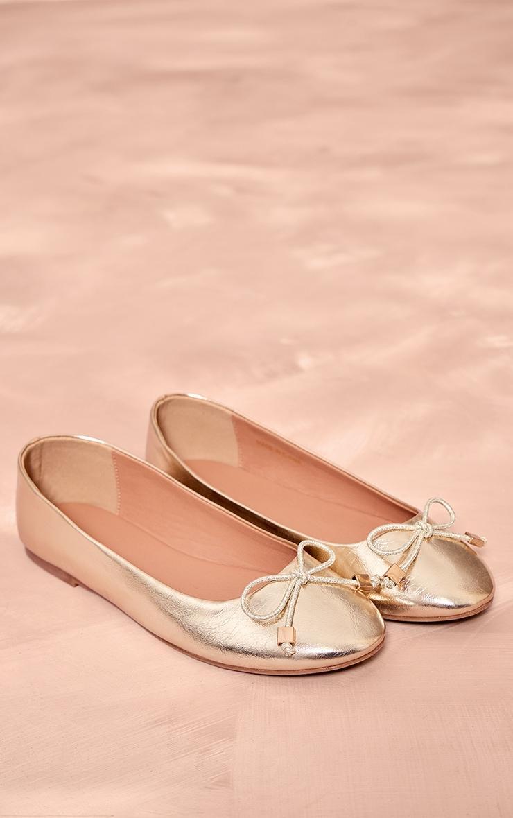 Gold Pu Round Toe Bow Detail Ballet Pumps Product Image