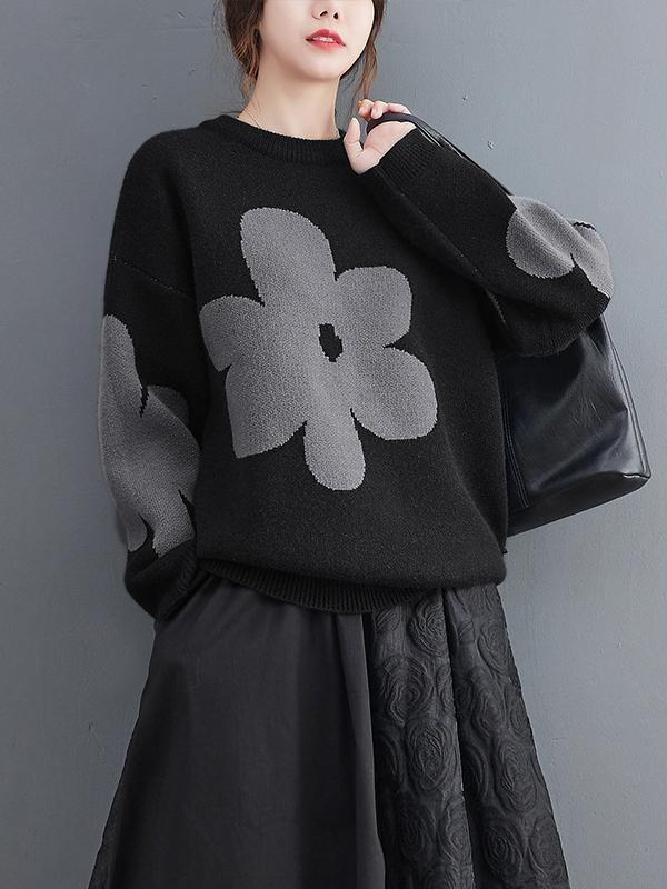 Casual Loose Long Sleeves Contrast Color Jacquard Round-Neck Sweater Tops Product Image