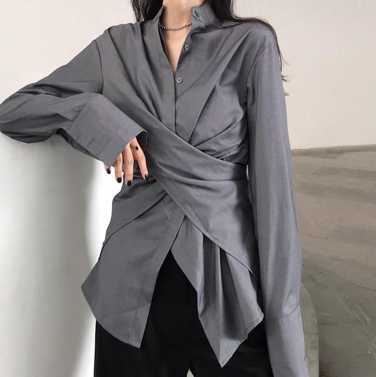 Long-Sleeve Band Collar Plain Wrap Button Shirt Product Image