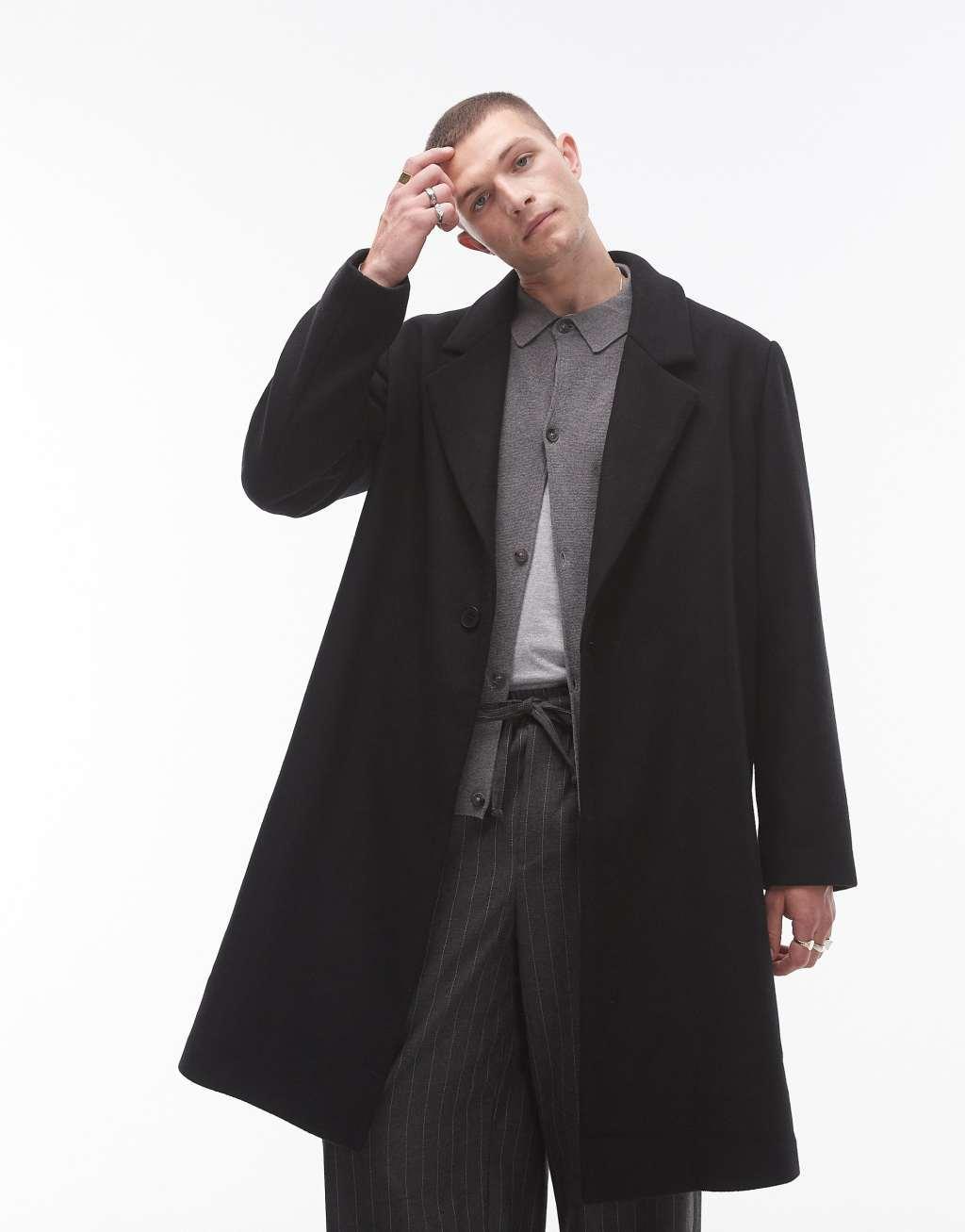 Topman single breasted overcoat in black Product Image
