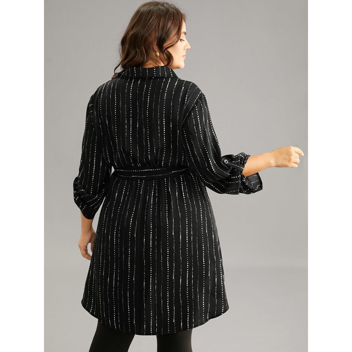 Plus Size Black Striped Belted Shirt Collar Asymmetrical Hem Blouse Women Office Long Sleeve Shirt collar Work Blouses BloomChic 26/4X Product Image
