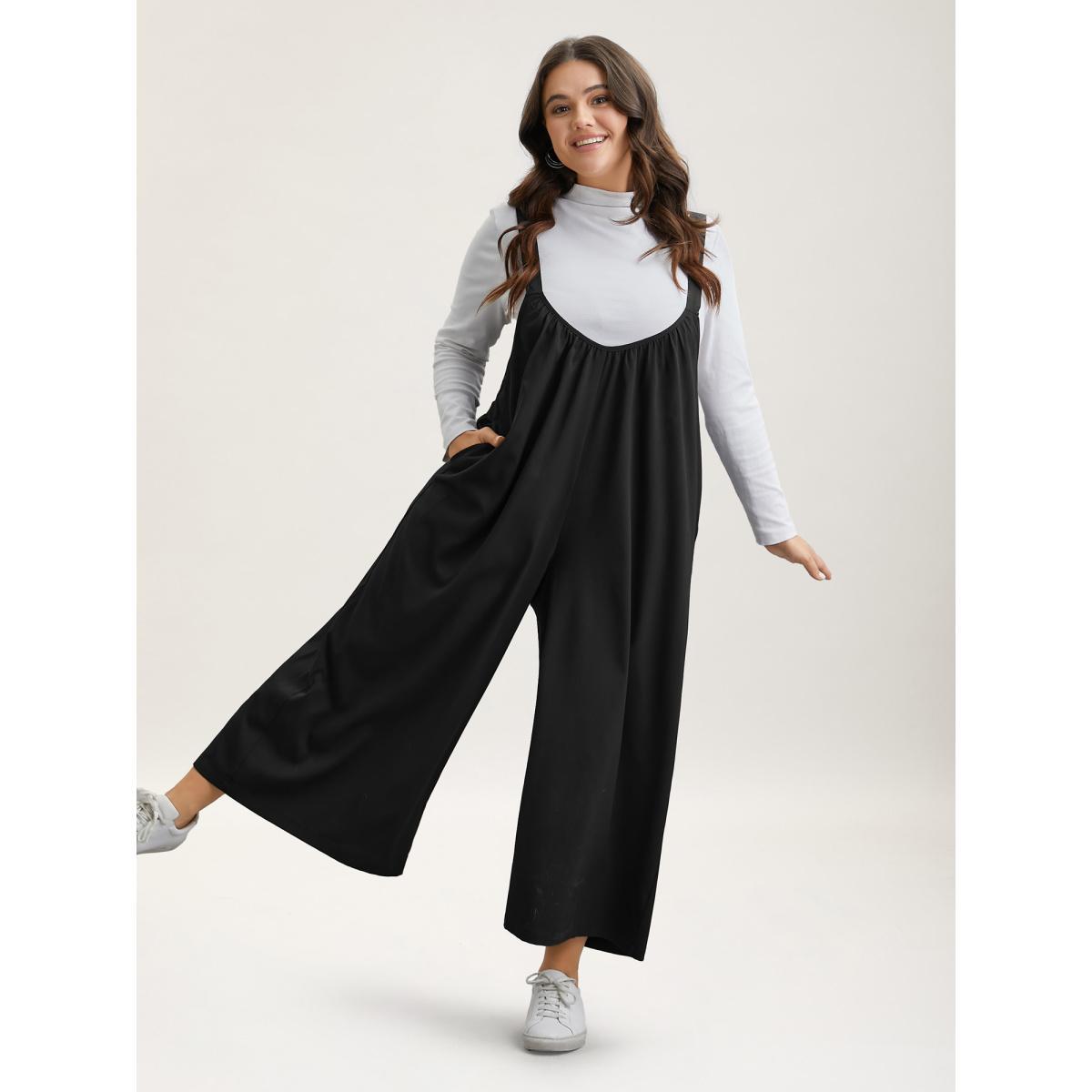Plus Size Black Adjustable Straps Pockets Plain Flared Jumpsuit Women Casual Sleeveless Non Everyday-Casual Loose Jumpsuits BloomChic 14-16/1X Product Image