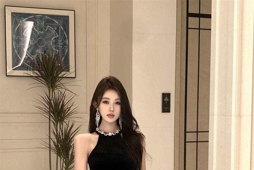 Halter-Neck Rhinestone Asymmetrical Velvet Mini Bodycon Dress Product Image