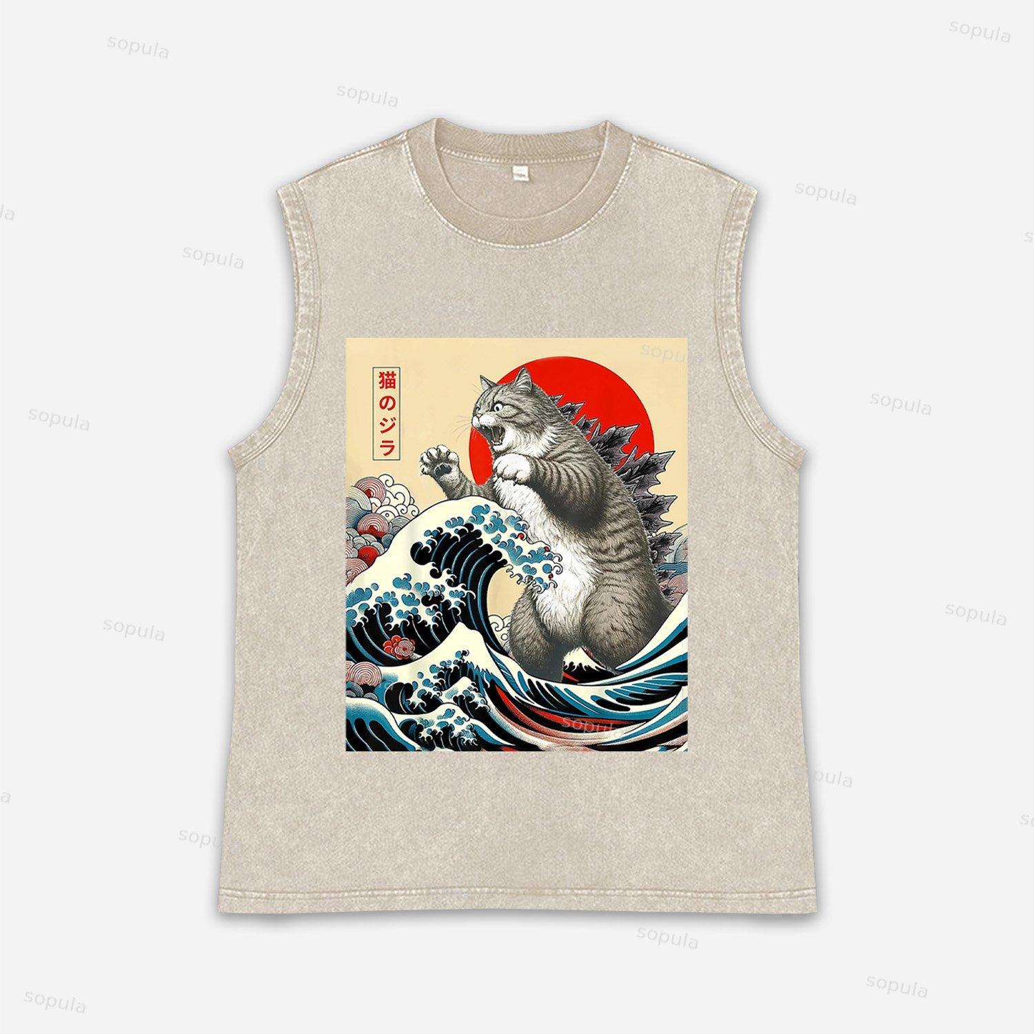 Vintage Catzilla Graphic Acid Washed Tank Tops Product Image