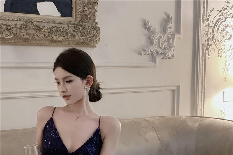 Spaghetti Strap V-Neck Glitter Maxi A-Line Dress Product Image