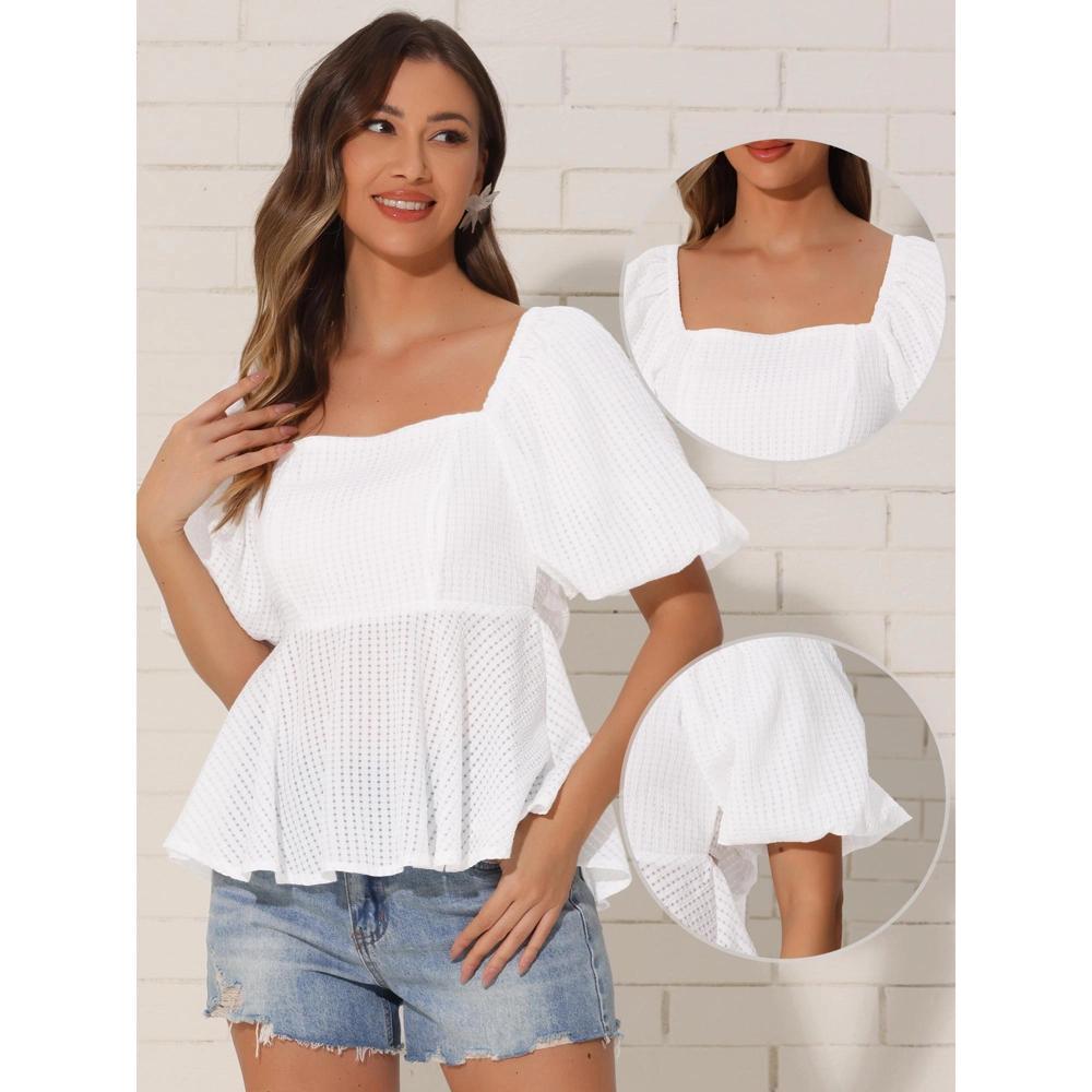 INSPIRE CHIC Women's Square Neck Puff Sleeve Ruffle Trim Blouses Product Image