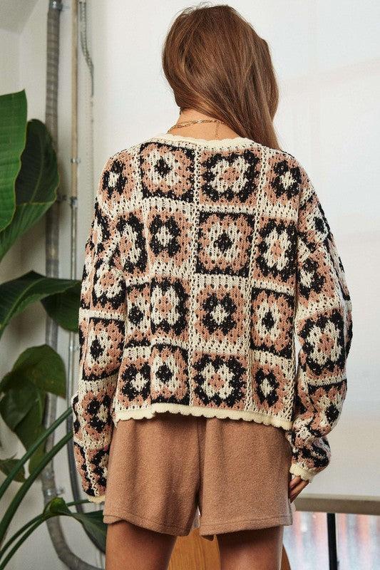 Crochet Patchwork Round Neck Pullover Sweater Top Product Image