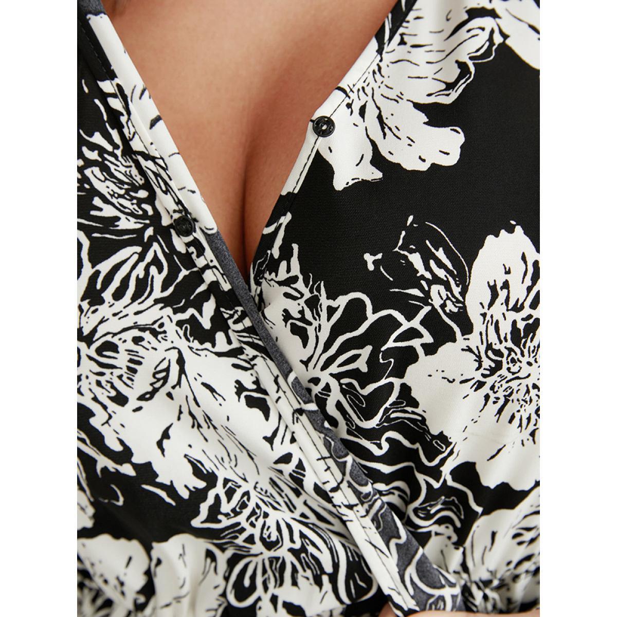 Plus Size Black Floral Lantern Sleeve Tie Up Asymmetrical Hem Wrap Blouse Women Elegant Long Sleeve V-neck Dailywear Blouses BloomChic 30/6X Product Image