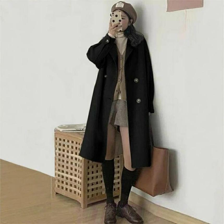 Lapel Collared Double Breasted Long Coat Product Image