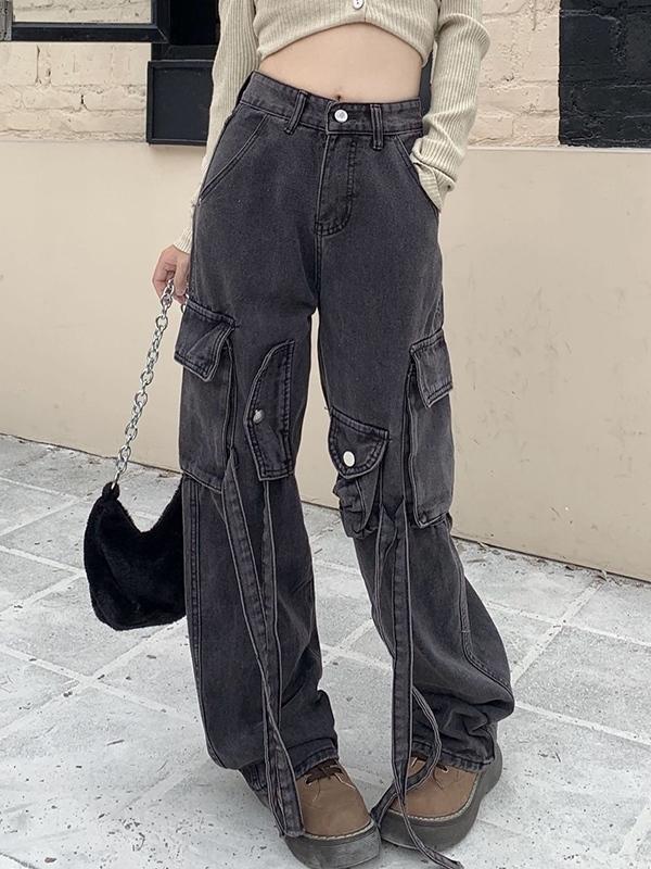 Vintage Wash High Rise Multi Pocket Cargo Jeans Product Image