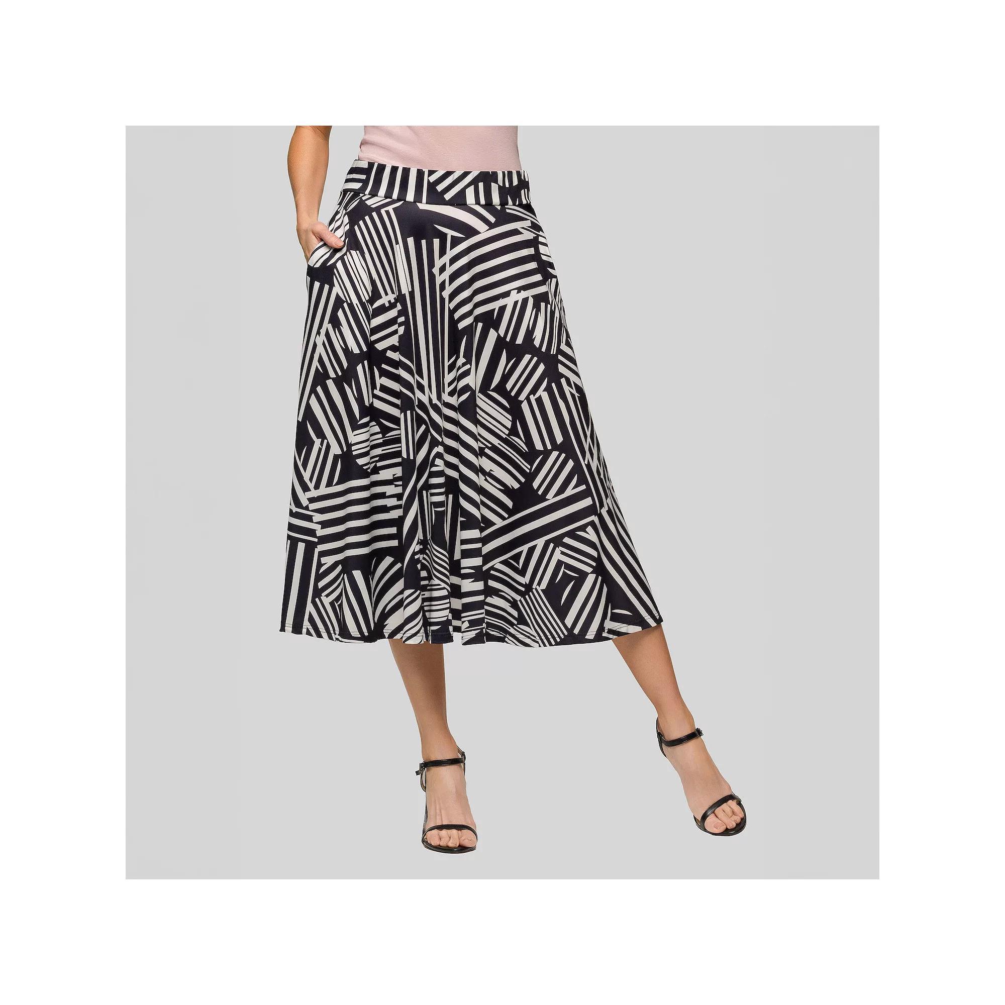 Women's 24Seven Comfort Apparel Geometric Print Elastic Waist Pocket Midi Skirt, Size: 1XL, Black Team Product Image