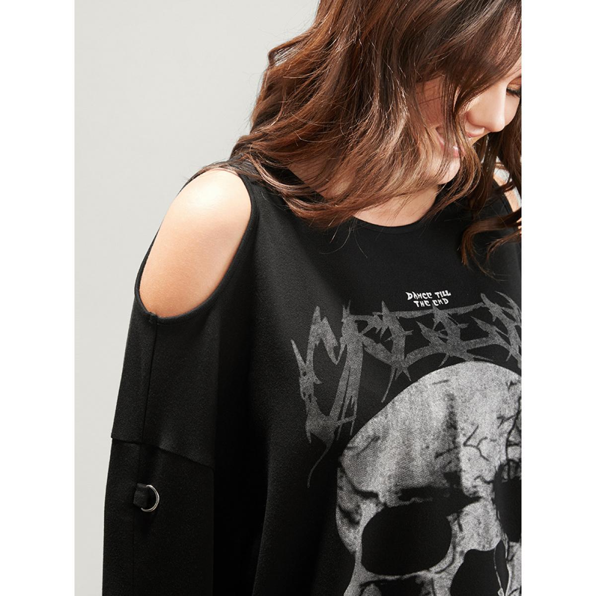 Plus Size Halloween Skull Print Cold Shoulder Sweatshirt Women Black Elegant Printed Round Neck Dailywear Sweatshirts BloomChic 18-20/2X Product Image