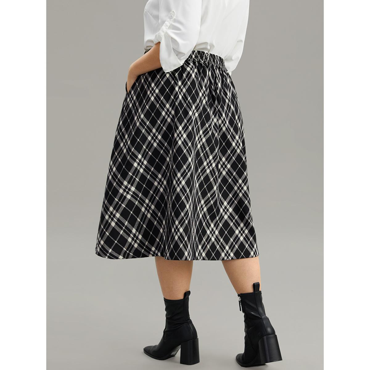 Plus Size Plaid Elastic Waist Knot Ties Skirt Women Black Office Cross straps No stretch Pocket Work Skirts BloomChic 28/5X Product Image