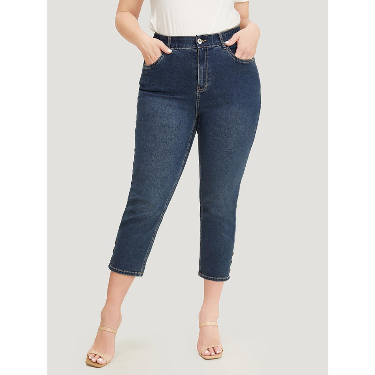 Plus Size Very Stretchy High Rise Dark Wash Beaded Detail Cropped Jeans Women Indigo Casual Plain High stretch Pocket Jeans BloomChic 28/5X Product Image