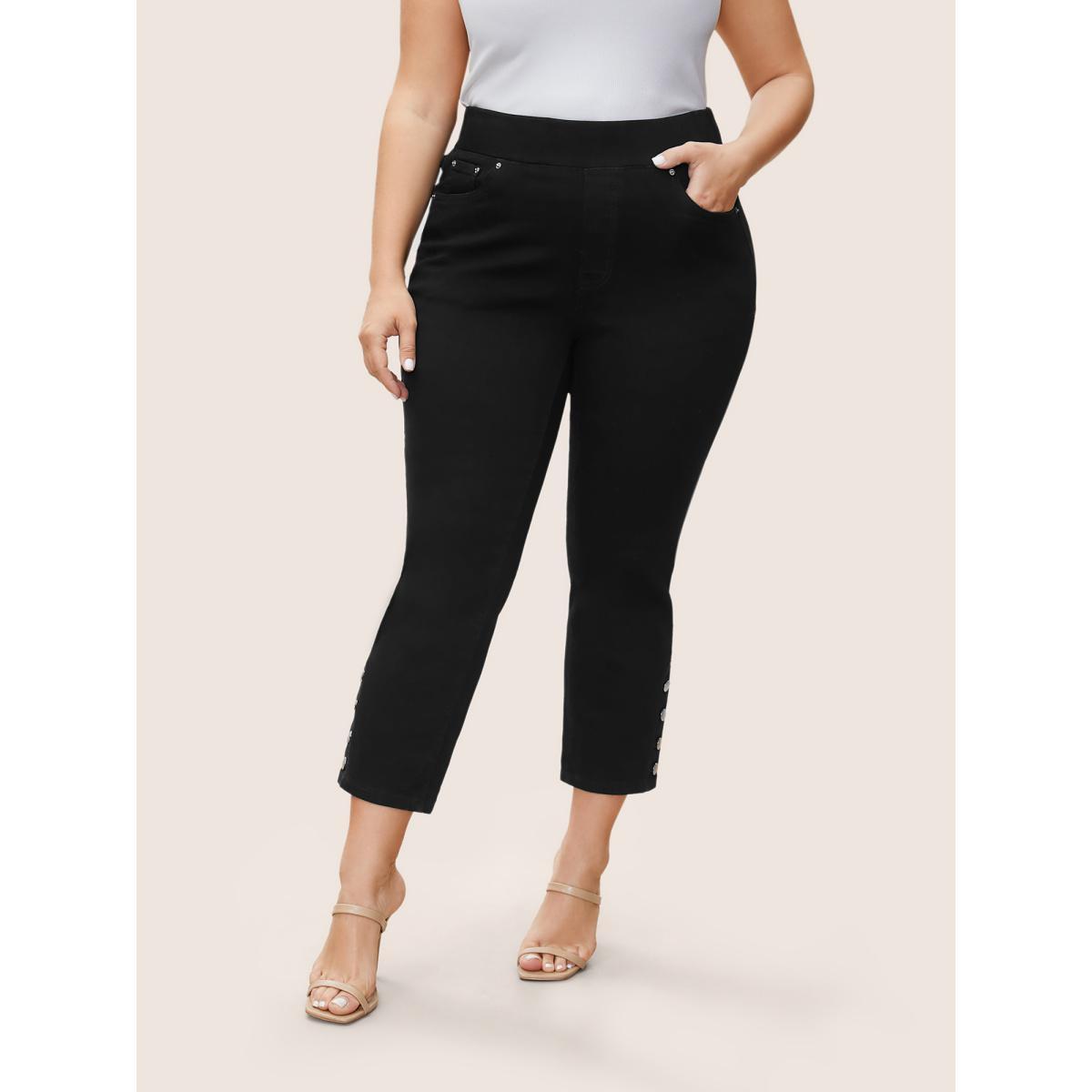 Plus Size Black Wash Button Detail Elastic Wais Slim Jeans Women Black Elegant Plain Non High stretch Pocket Jeans BloomChic 18/2X Product Image