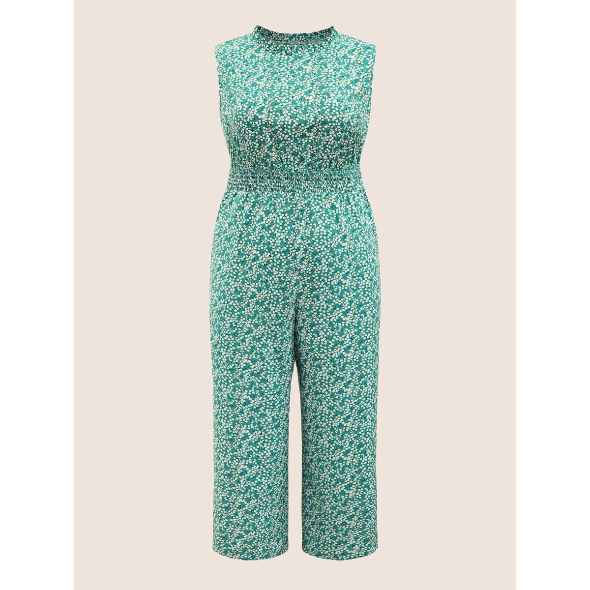 Plus Size Emerald Ditsy Floral Mock Neck Shirred Jumpsuit Women Elegant Sleeveless Mock Neck Everyday Loose Jumpsuits BloomChic 30/6X Product Image
