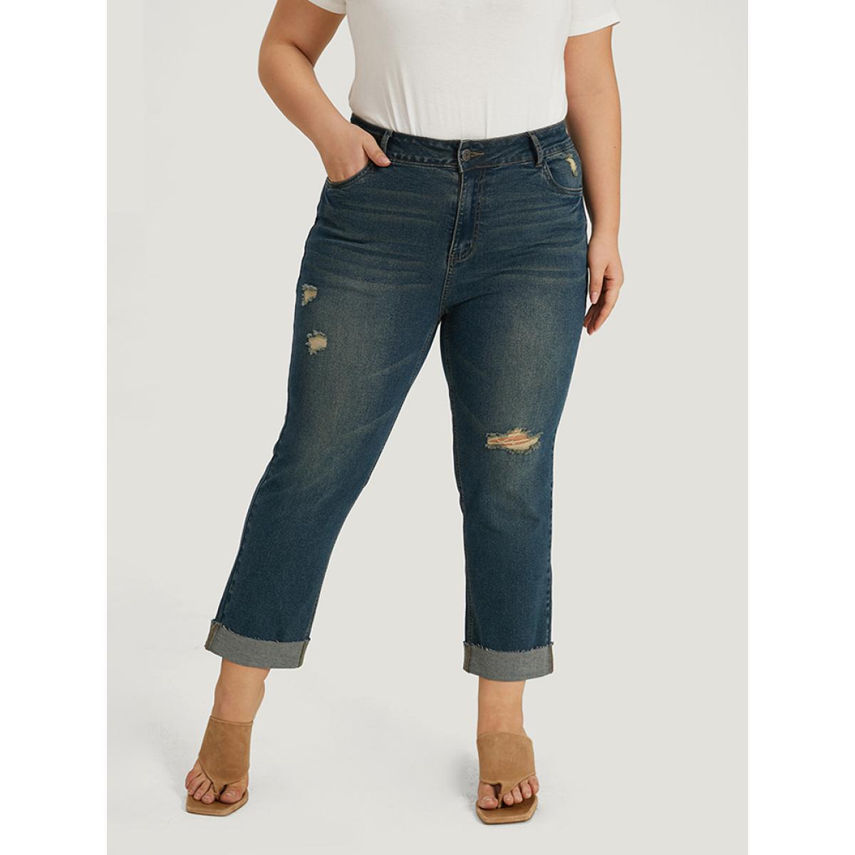 Plus Size Solid Ripped Roll Hem Pocket Straight Leg Jeans Women Indigo Casual Plain Plain High stretch Pocket Jeans BloomChic 12/L Product Image