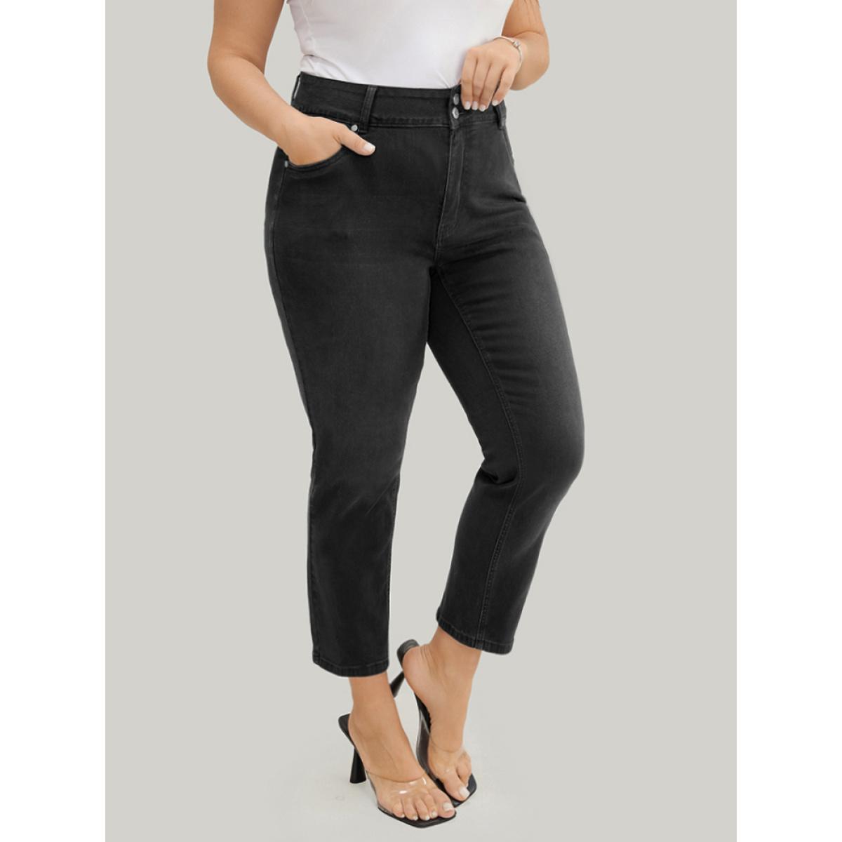 Plus Size Straight Leg Very Stretchy High Rise Dark Wash Jeans Women Gray Casual Plain High stretch Pocket Jeans BloomChic 12/L Product Image