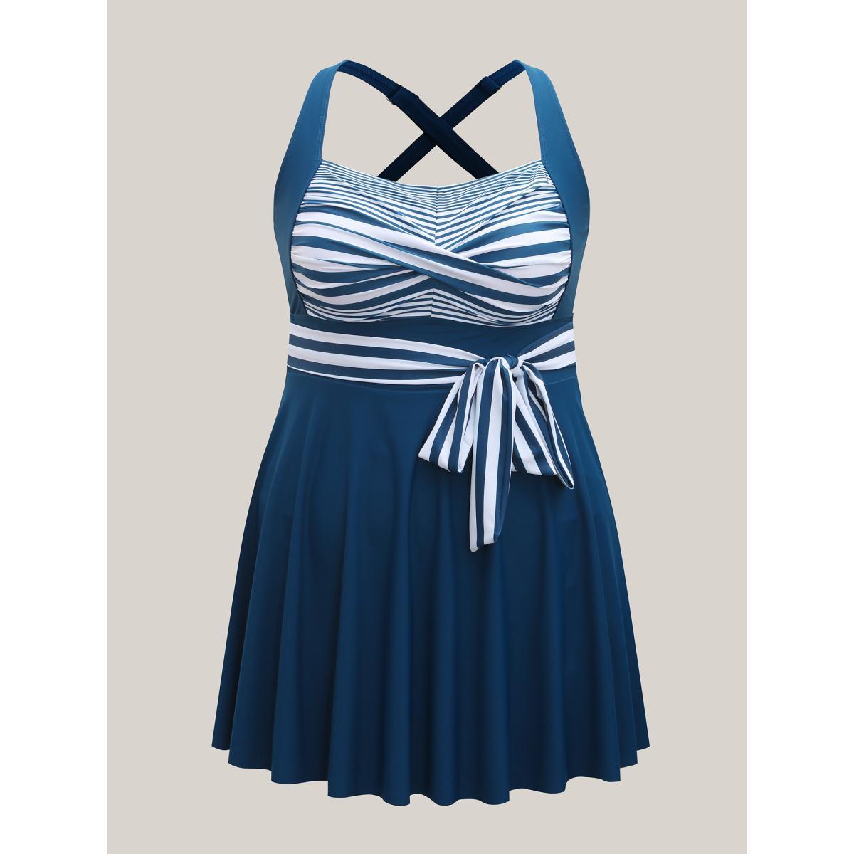 Plus Size Anti-Float Ties Twist Belted Swim Dress Women's Swimwear Aegean Beach Bodycon Heart neckline High stretch Curve Swim Dresses BloomChic 26/4X Product Image