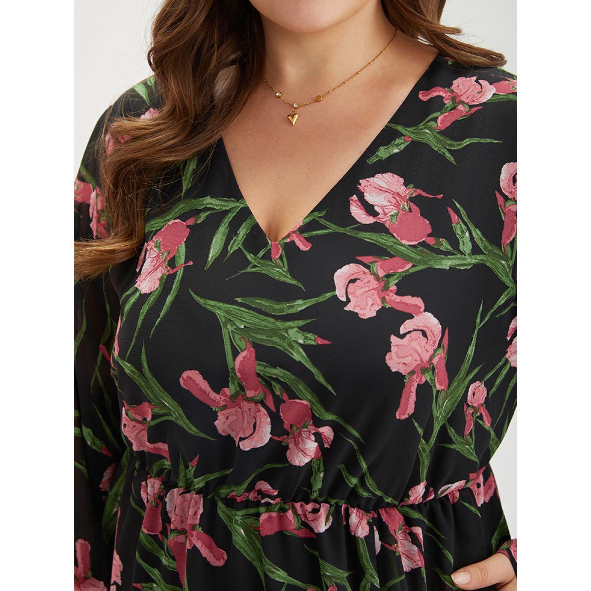 Plus Size Floral Print Chiffon Split Side Elastic Waist Dress Black Women Elegant Printed V-neck Long Sleeve Curvy Midi Dress BloomChic 30/6X Product Image