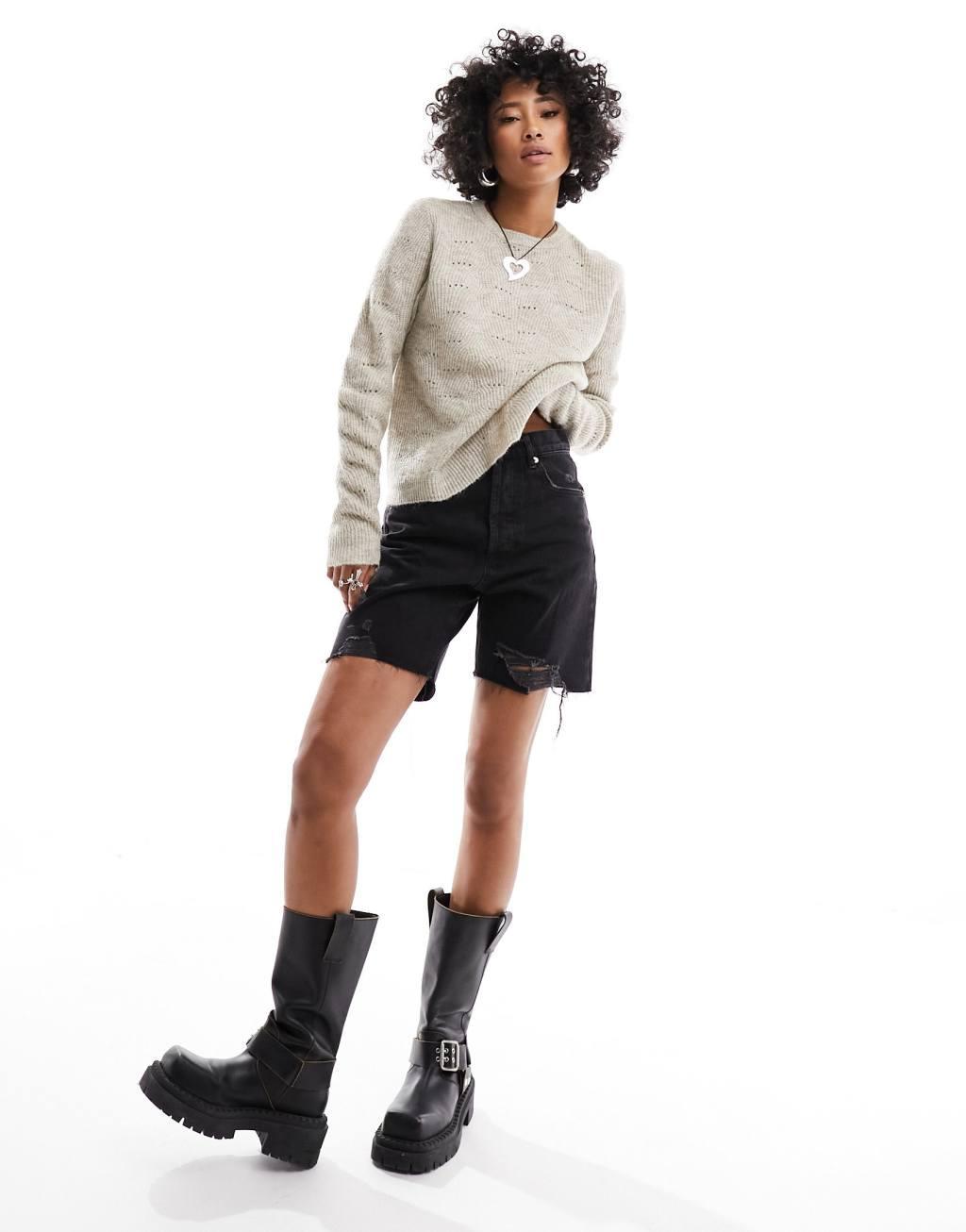 Only pointelle detail sweater in taupe  Product Image