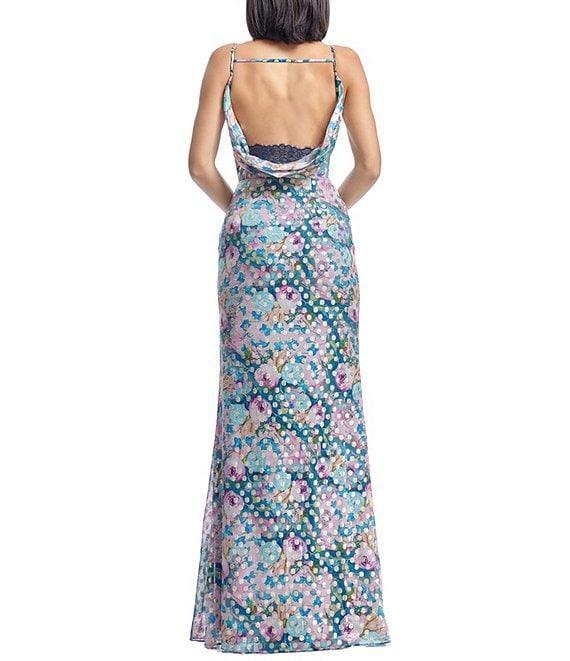 Dress the Population Drae Metallic Floral Print Sweetheart Neck Sleeveless Sheath Gown Product Image