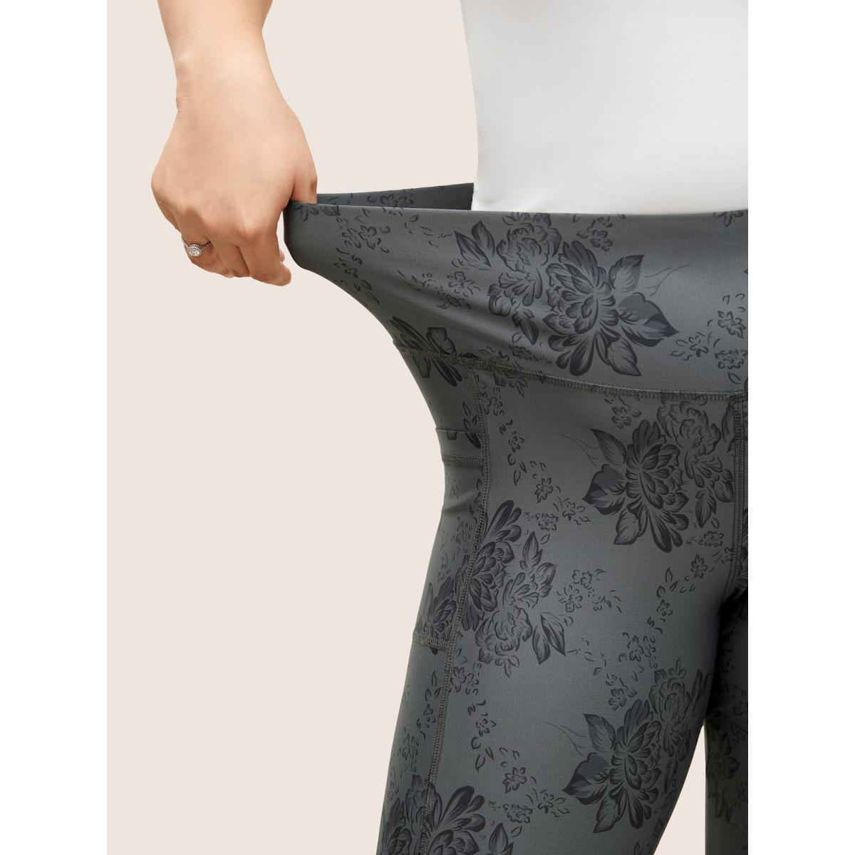 Plus Size Floral Print Elastic Waist Pocket Side Leggings Women DimGray Elegant High stretch High Rise Everyday Leggings BloomChic 22-24/3X Product Image