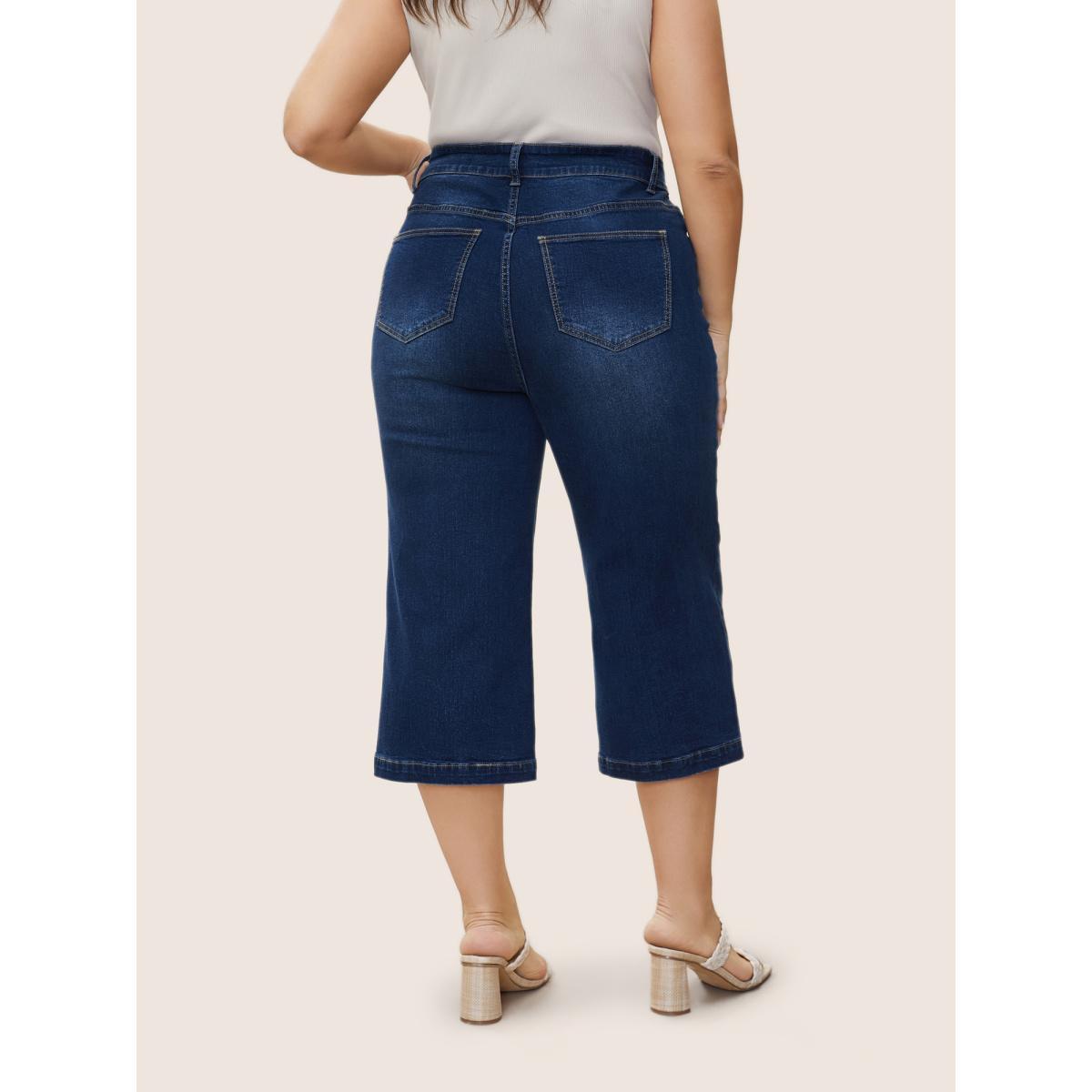 Plus Size Medium Wash Wide Leg High Stretch Jeans Women Blue Casual Plain Button High stretch Slanted pocket Jeans BloomChic 18/2X Product Image