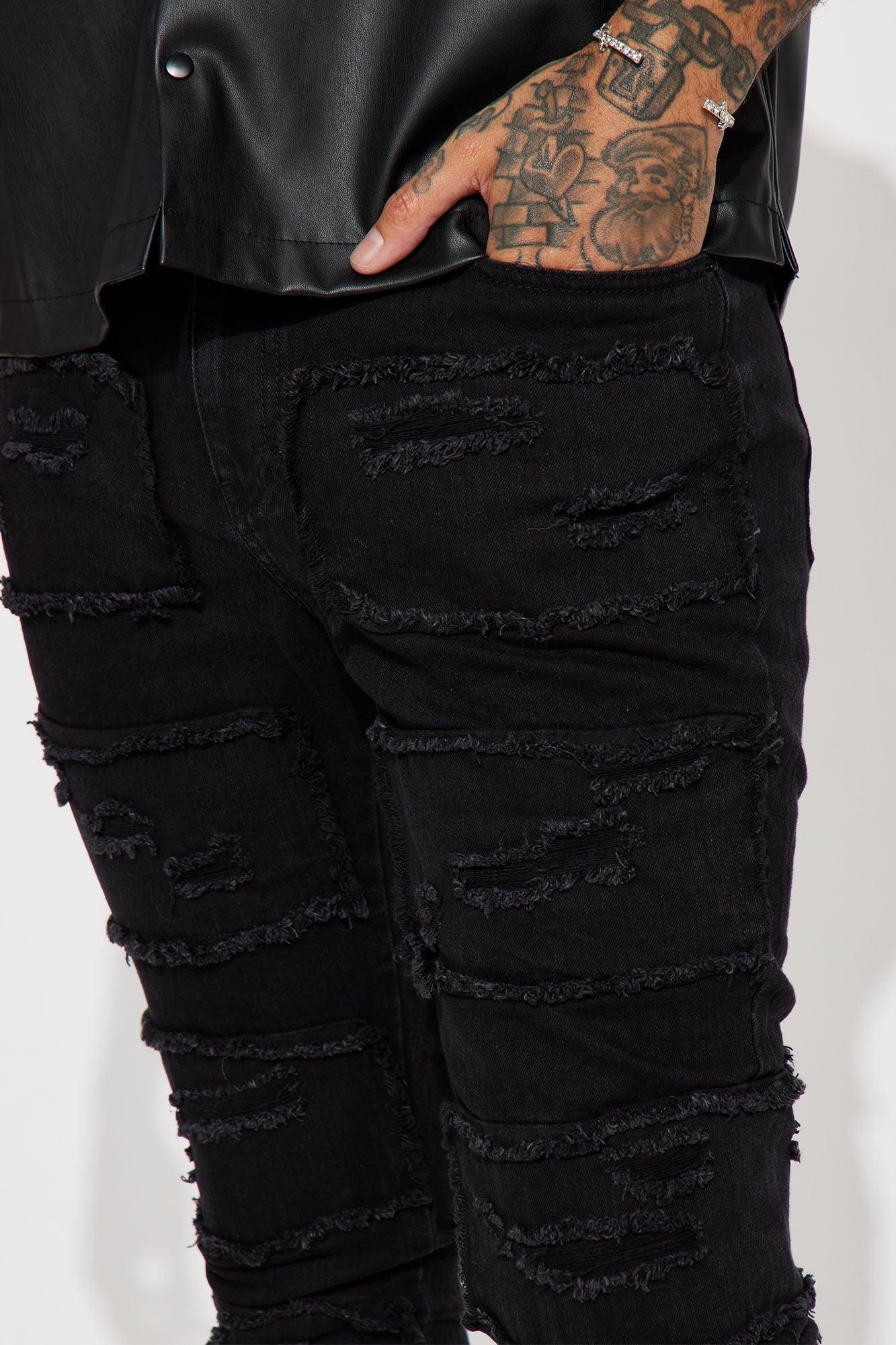 Shredded Stacked Skinny Flared Jeans - Black Wash Product Image