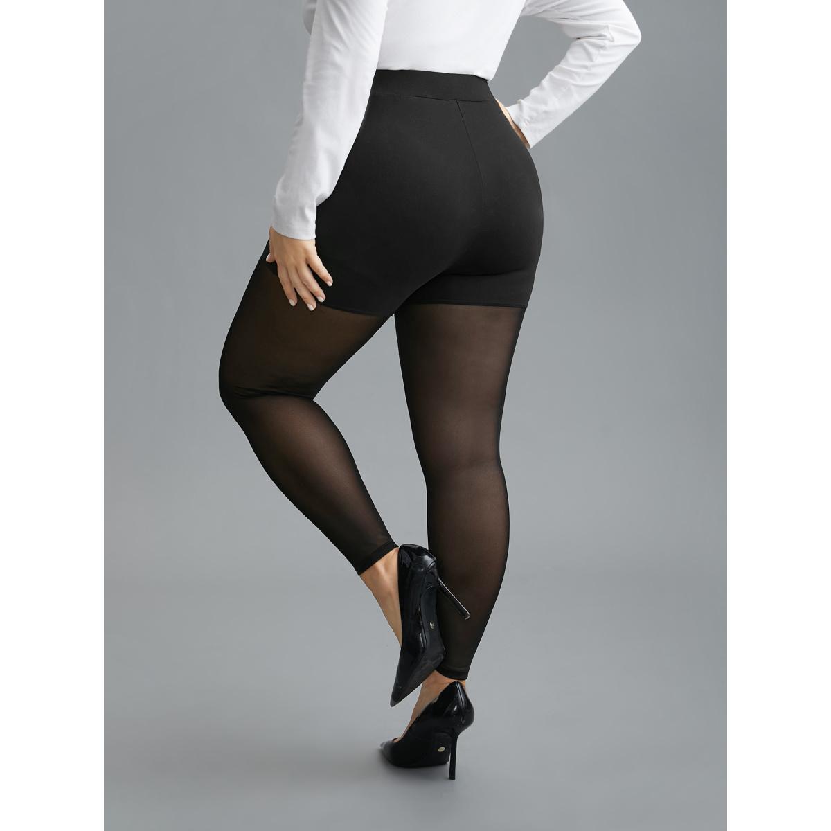 Plus Size Mesh Patchwork Mid Rise Slim-Fit Leggings Women Black Elegant High stretch Skinny Mid Rise Everyday Leggings BloomChic 10/M Product Image