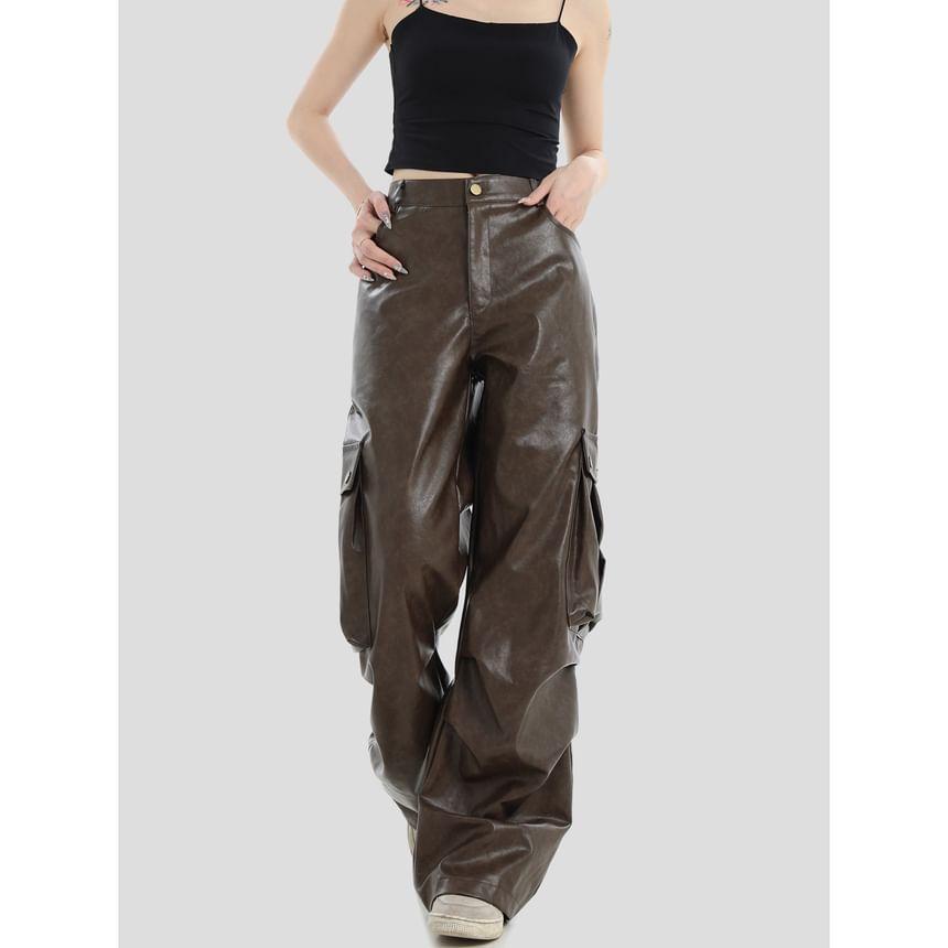 Couple Matching High Rise Faux Leather Wide Leg Pants Product Image