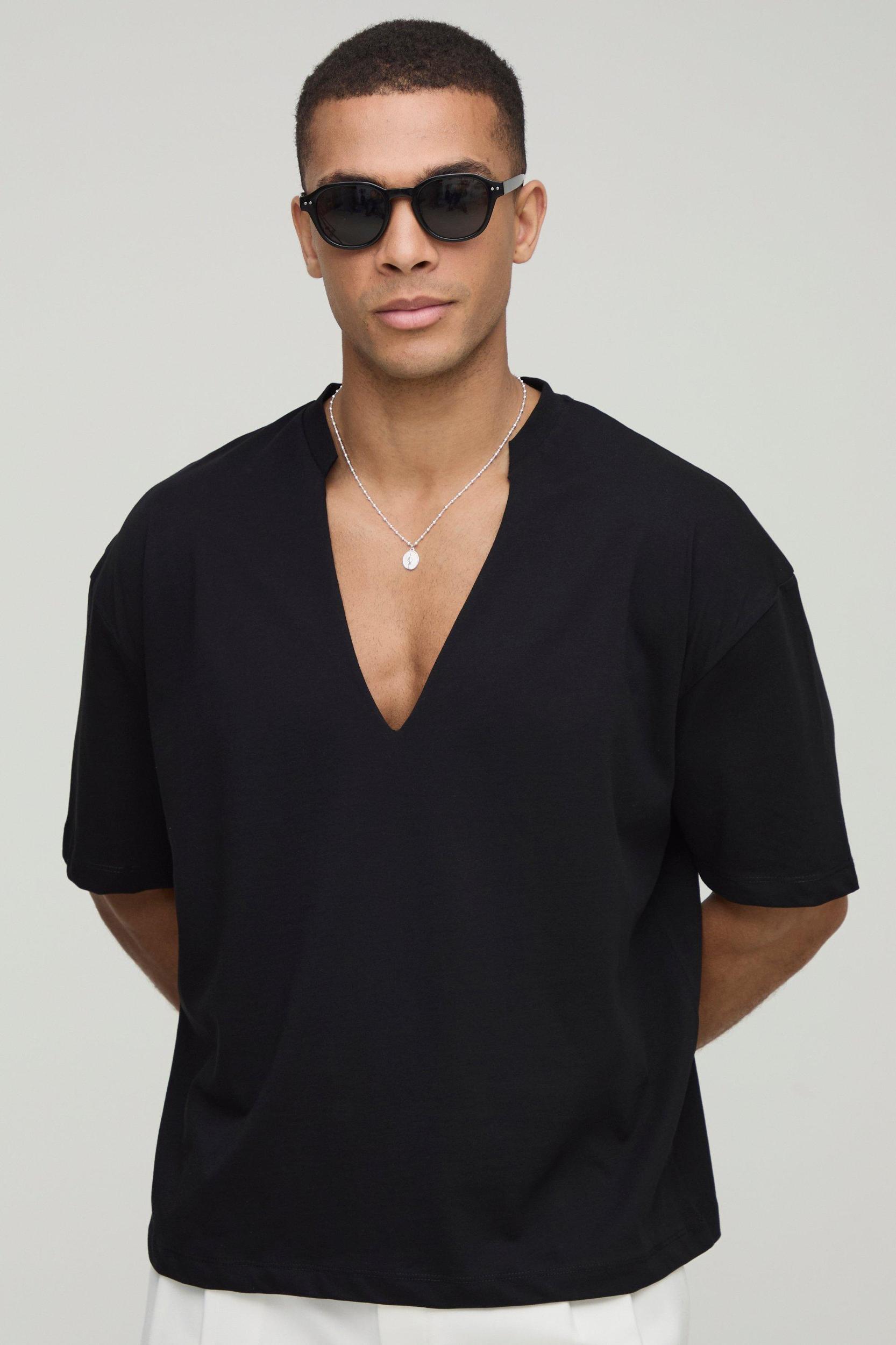 Mens Black Oversized Boxy Deep V Neck T-Shirt, Black Product Image