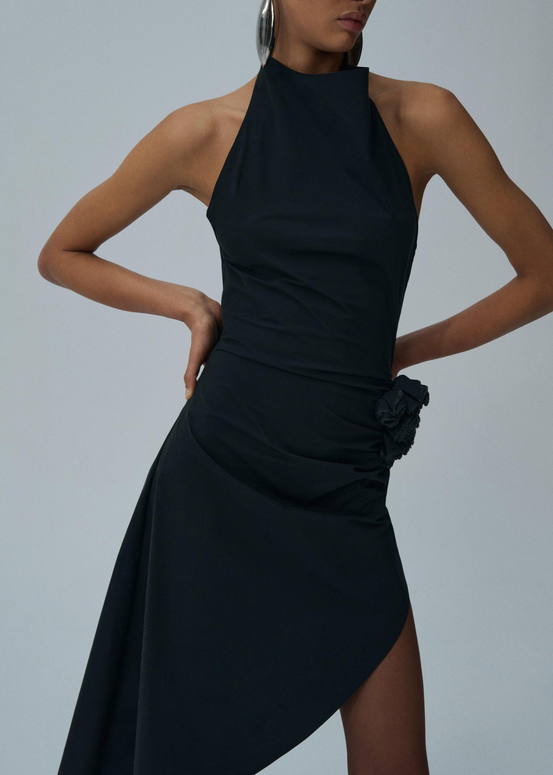High neck asymmetrical midi dress in black Product Image