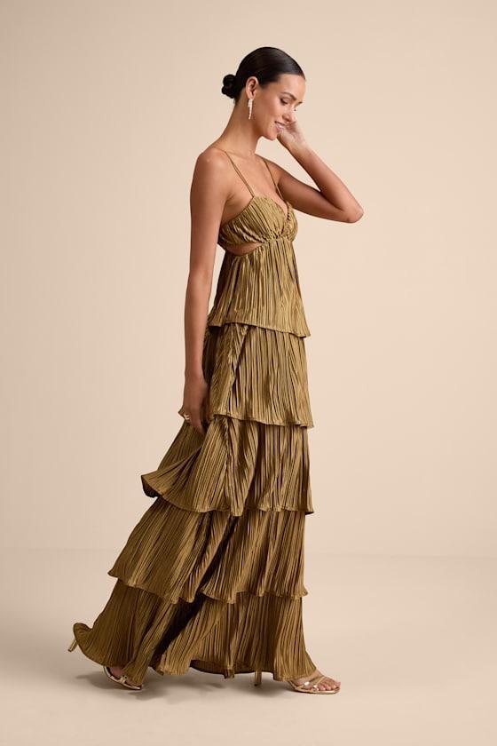 Kanya Gold Satin Plisse Tiered Maxi Dress Product Image