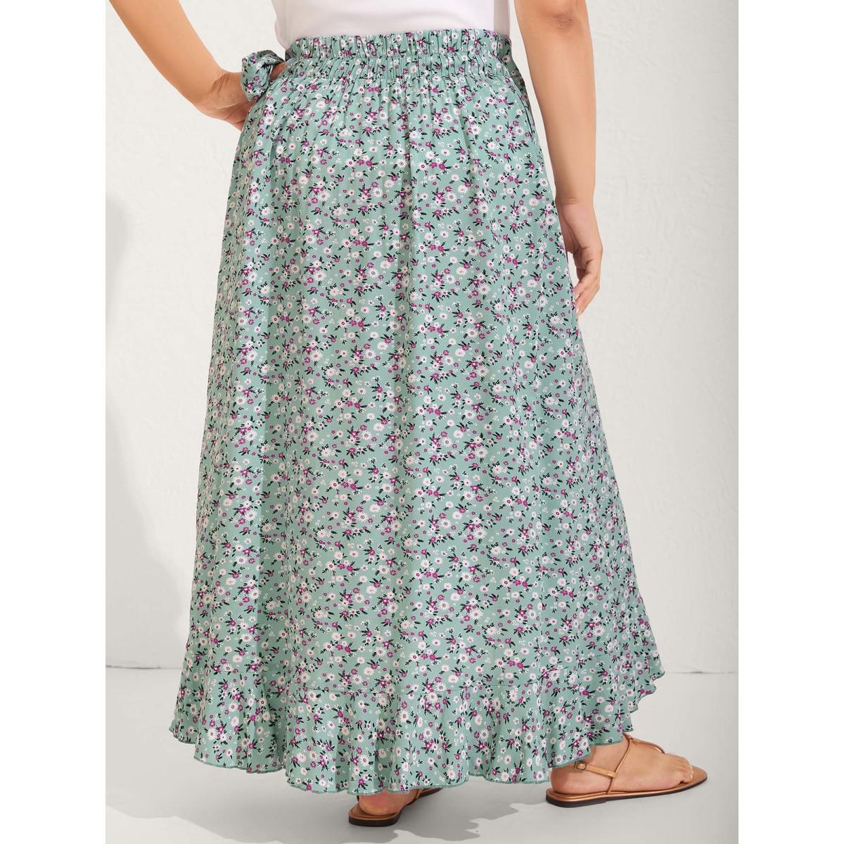 Plus Size Rayon Ditsy Floral Print Side-Tie Maxi Skirt Women LightGreen Resort Loose No stretch Side seam pocket Belt Vacation Skirts BloomChic 14-16/1X Product Image
