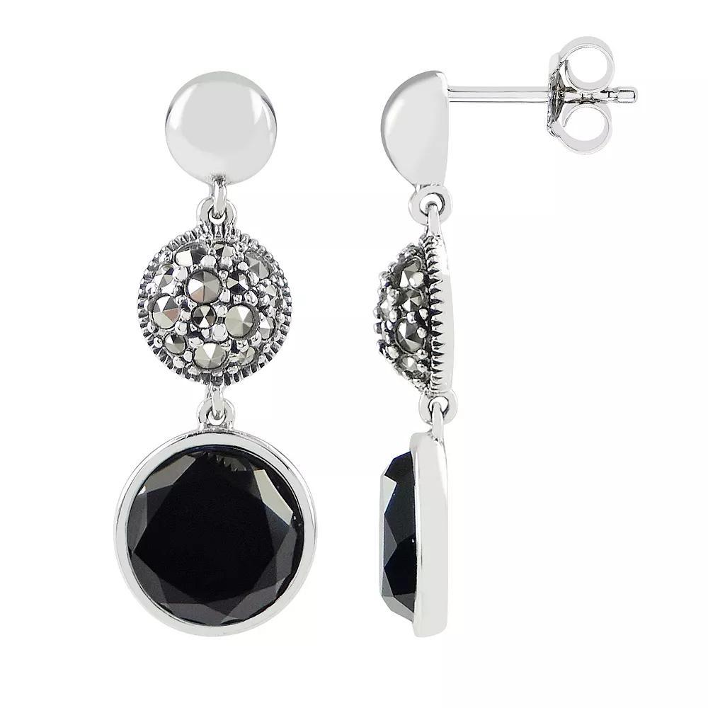 Lavish by TJM Sterling Silver Onyx & Marcasite Round Double Drop Earrings, Women's Product Image