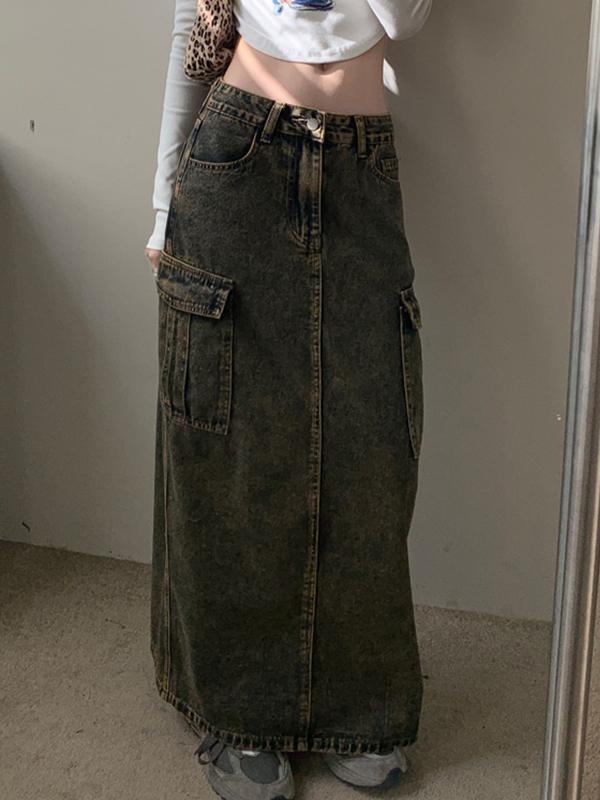 Wash Distressed Big Pocket High Rise Maxi Skirt Product Image