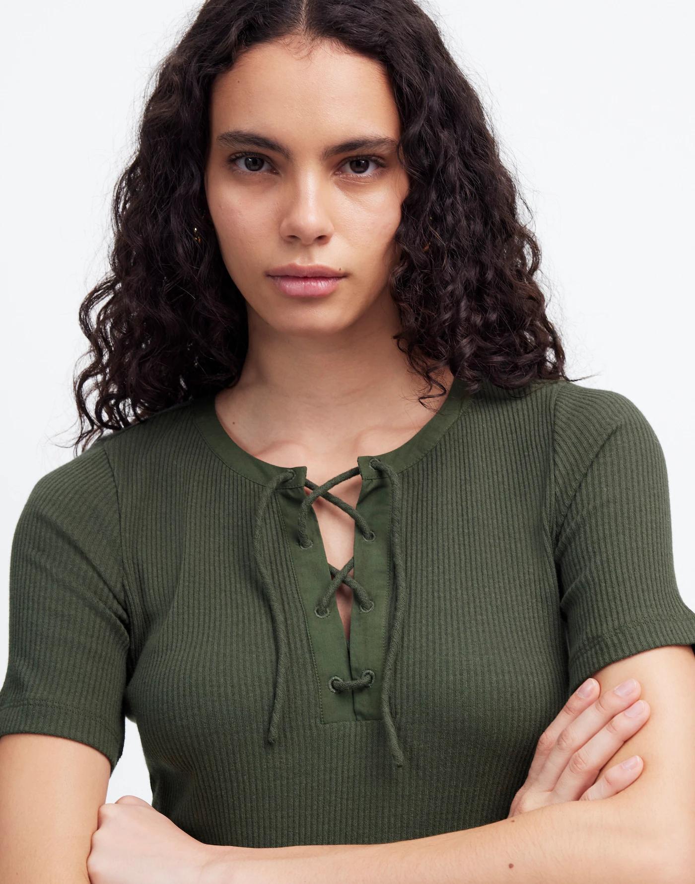 Ribbed Lace-Up Short-Sleeve Tee Product Image