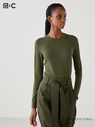 Womens HEATTECH Cashmere Blend T-Shirt Extra Warm Olive Large UNIQLO US Product Image