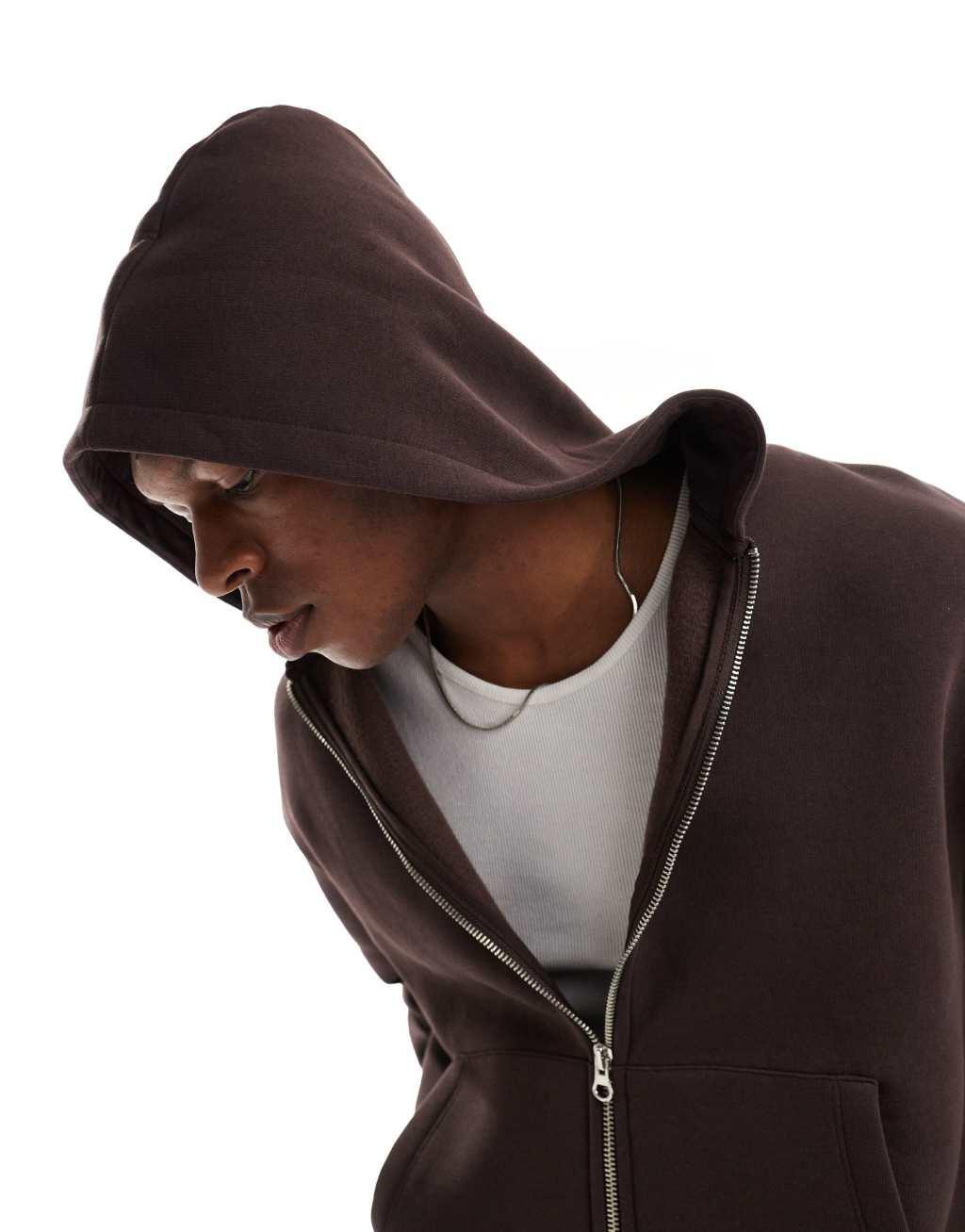 ASOS DESIGN boxy oversized zip through hoodie in brown Product Image