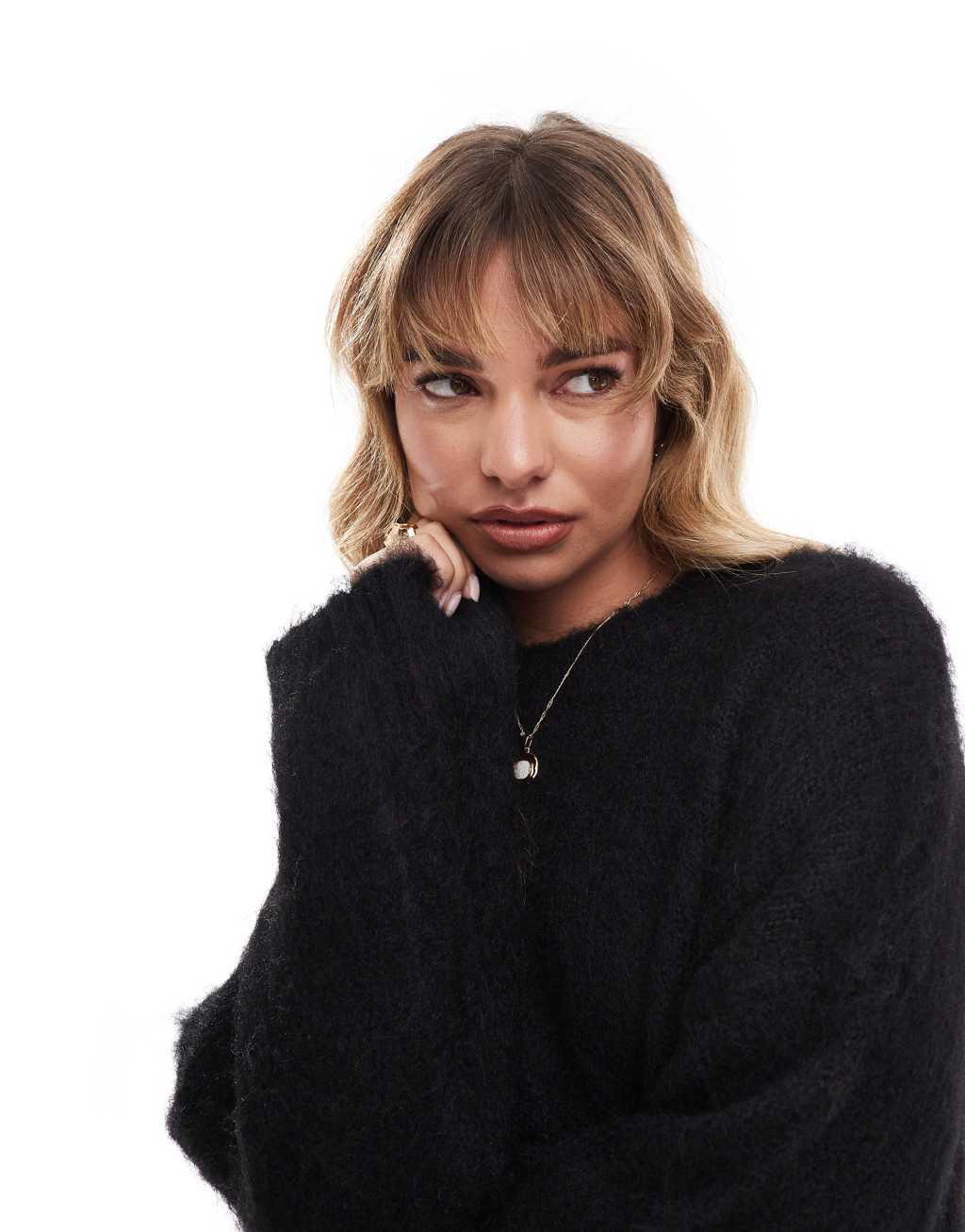 ASOS DESIGN brushed crew neck sweater in black Product Image