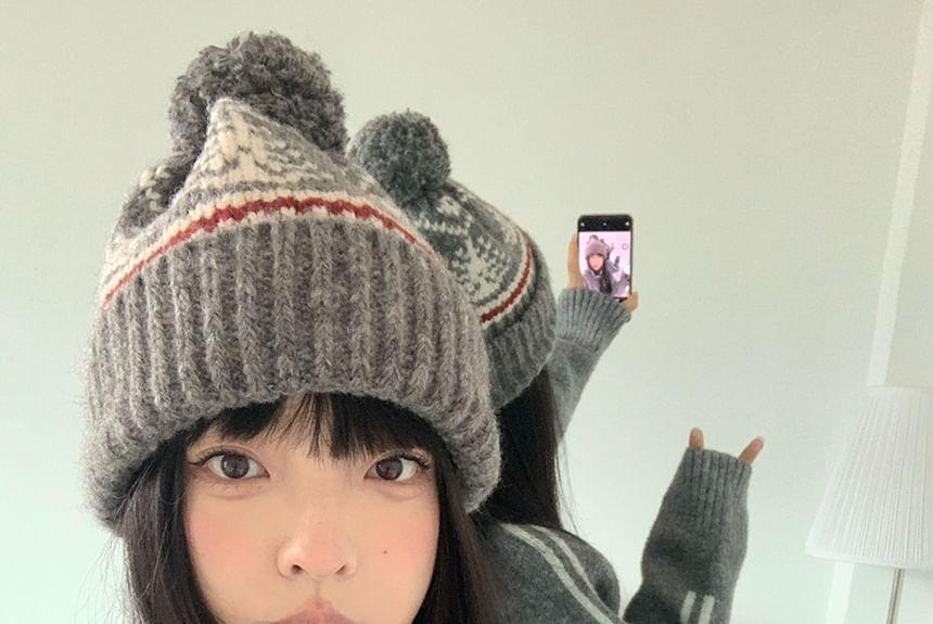 Patterned Pom Pom Knit Beanie Product Image