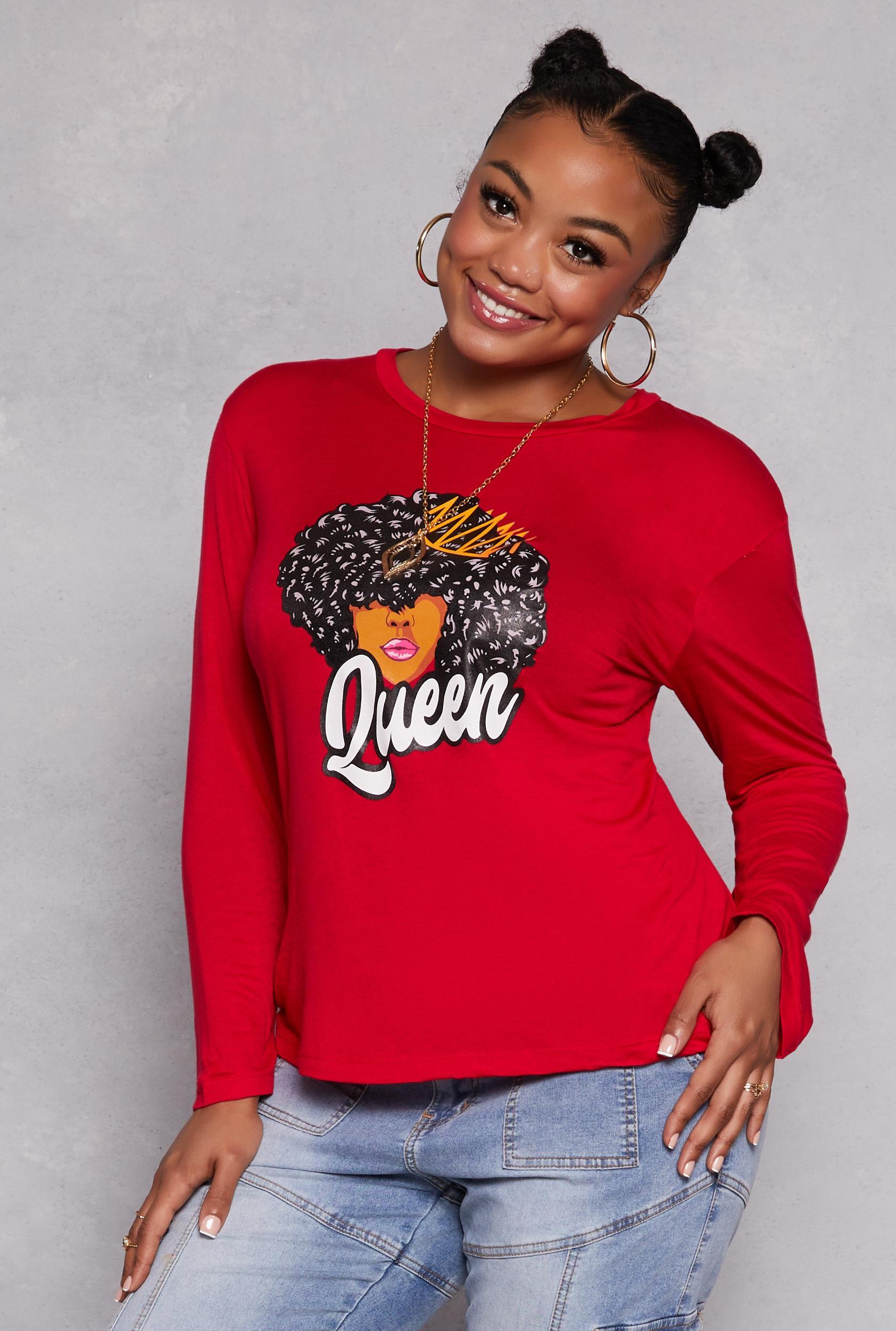Womens Plus Size Queen Graphic Long Sleeve Top with Necklace Product Image